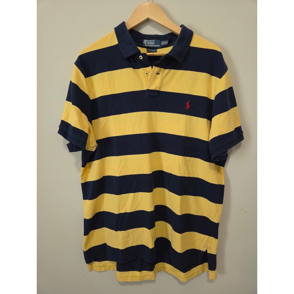 Polo Ralph Lauren‎ Mens XXL Custom Fit Striped Polo Shirt Yellow Navy Blue Mesh